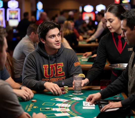 Ellisburg student learning blackjack at a casino table