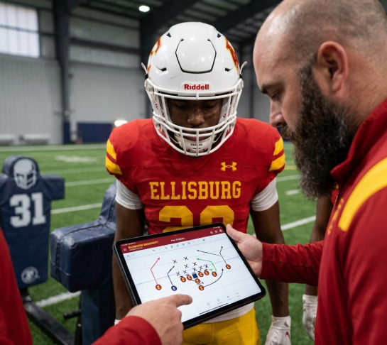 Ellisburg coach reviewing a play with a player